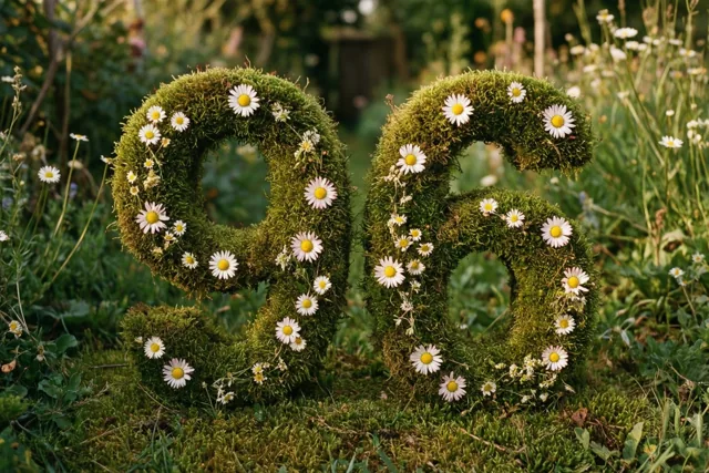 Een met groen mos bedekt frame vormt 96 en is versierd met witte madeliefjes in een landelijke tuin met groen en zacht warm licht.