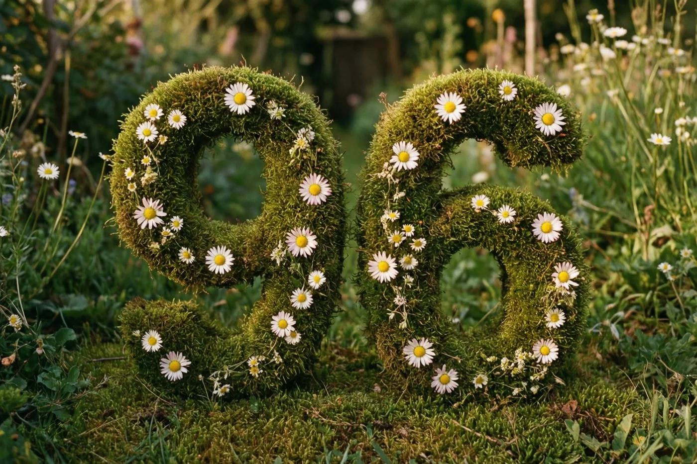 Een met groen mos bedekt frame vormt 96 en is versierd met witte madeliefjes in een landelijke tuin met groen en zacht warm licht.