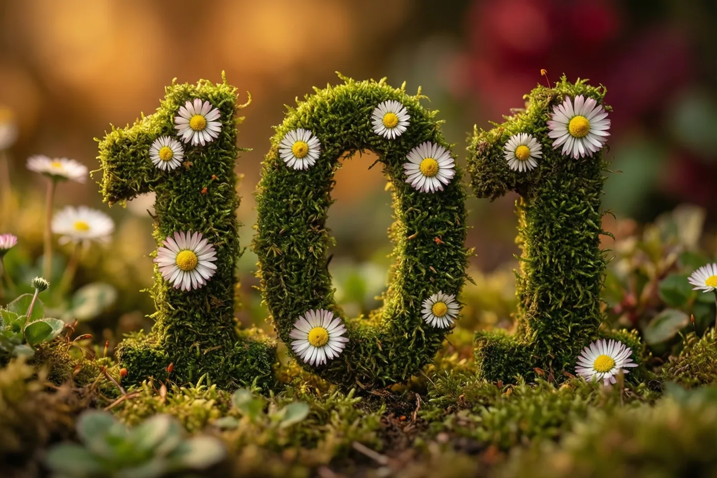 Het getal 101 is gevormd uit groen mos en versierd met witte madeliefjes met gele hartjes in een landelijke tuin met een warme, onscherpe achtergrond.