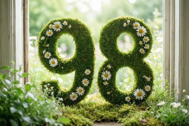 Een groen mosraamwerk vormt 98 met witte madeliefjes, tegen een lichte, onscherpe tuinachtergrond die door een raam te zien is.