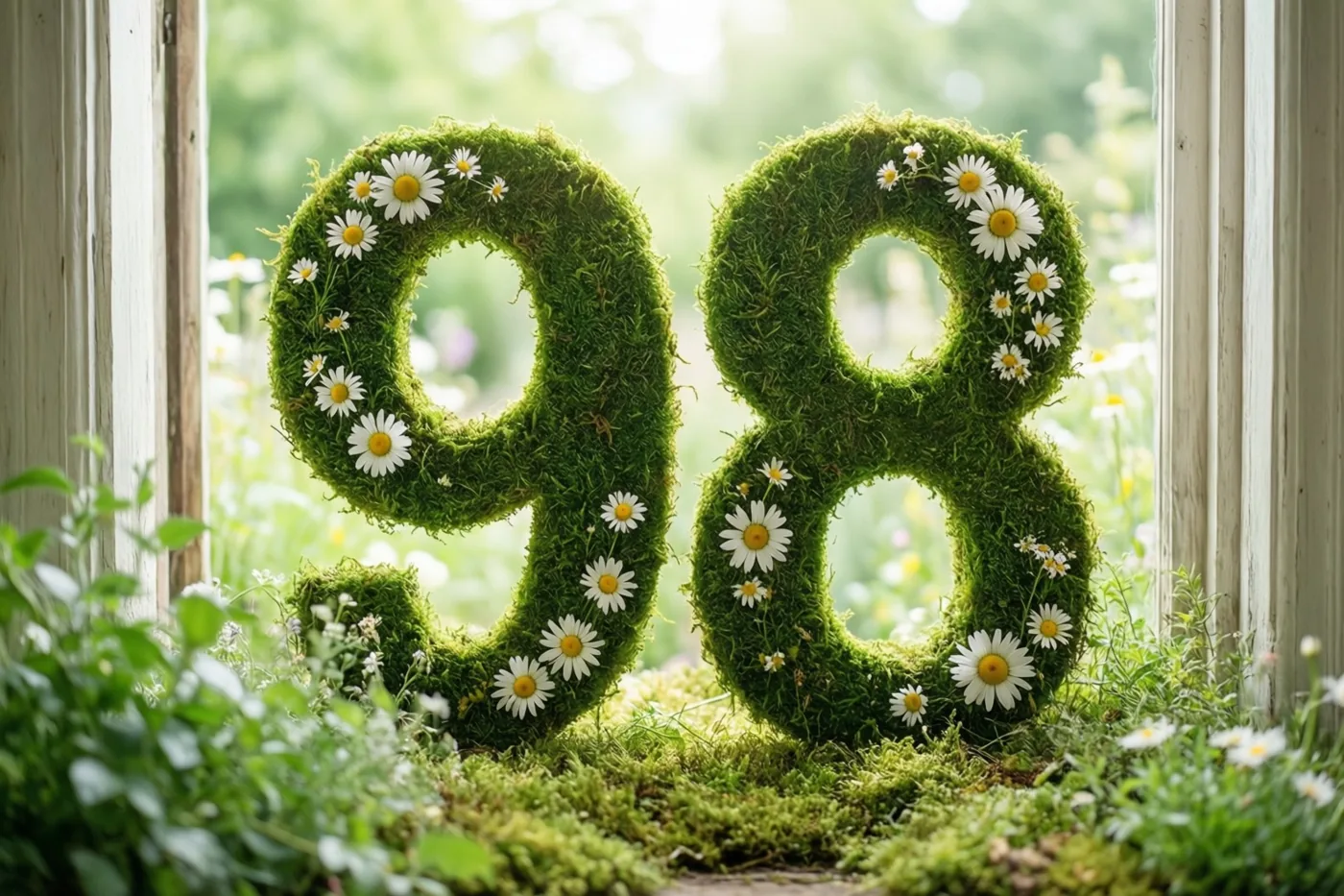 Een groen mosraamwerk vormt 98 met witte madeliefjes, tegen een lichte, onscherpe tuinachtergrond die door een raam te zien is.