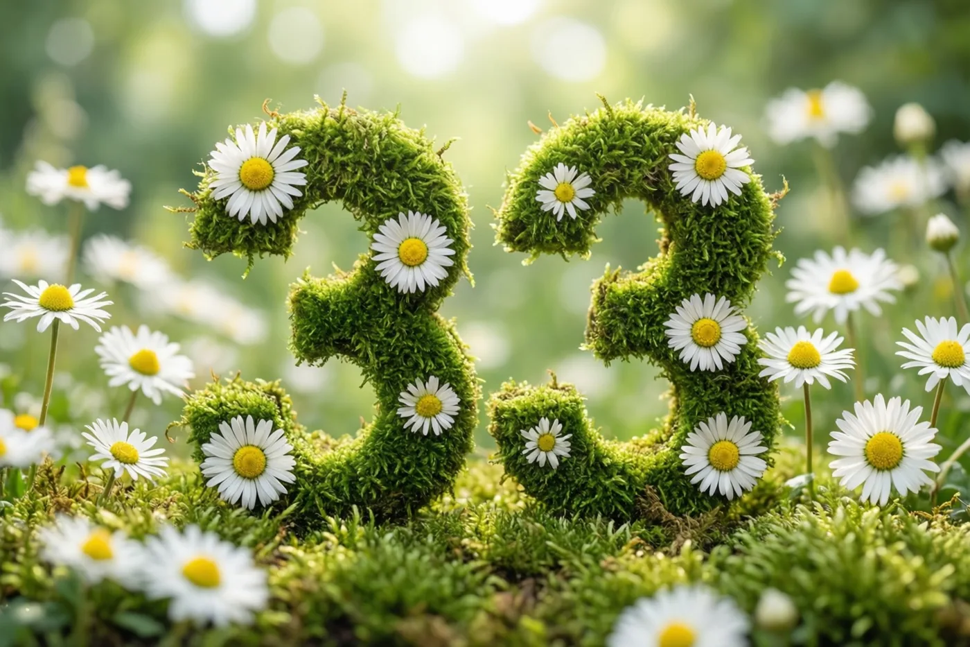 Het getal 33 is gevormd uit groen mos en versierd met witte madeliefjes in een landelijke tuin met een onscherpe achtergrond.