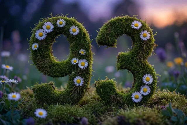 Een groene moshaag vormt 93 en is versierd met witte madeliefjes in een landelijke tuin onder een paars-oranje avondlucht.