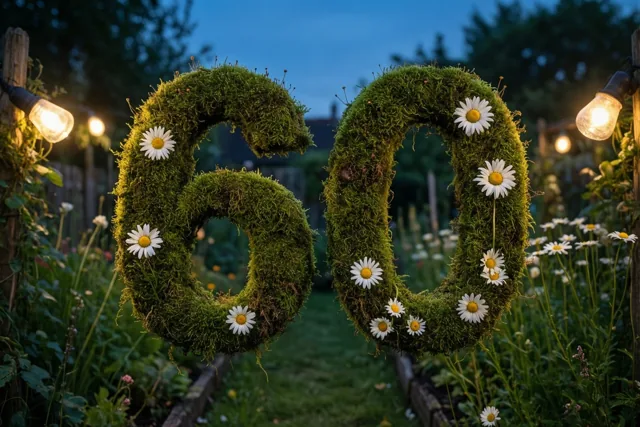 Een met mos bekleed raamwerk in de vorm van 60 is versierd met madeliefjes in een landelijke tuin, verlicht door lichtslingers in de schemering.