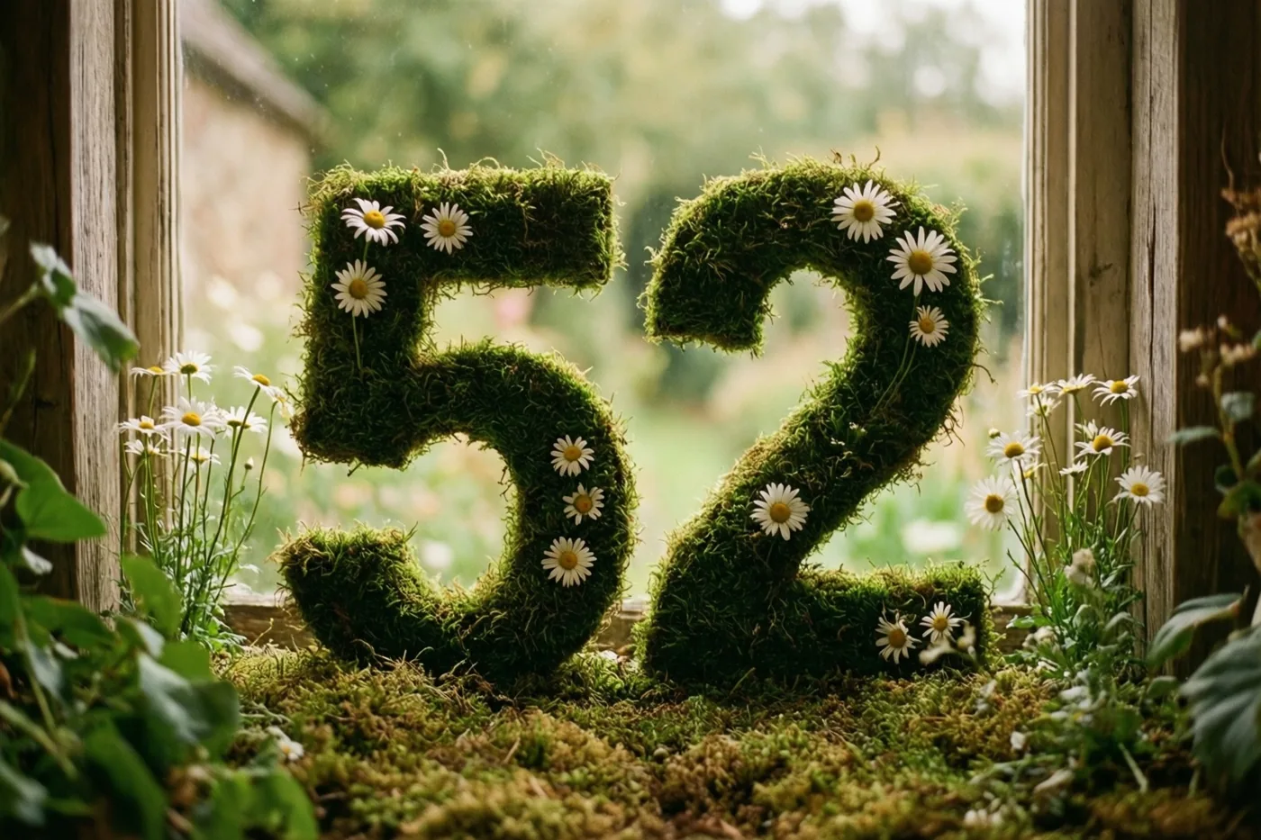Het getal 52 van groen mos met witte madeliefjes staat op een bemoste vensterbank met een onscherpe tuin op de achtergrond.