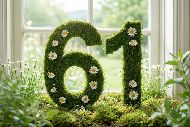 Een met mos bekleed raamwerk in de vorm van 61 staat met madeliefjes op een vensterbank in een landelijke tuinomgeving.