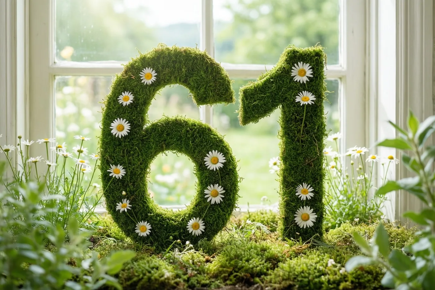 Een met mos bekleed raamwerk in de vorm van 61 staat met madeliefjes op een vensterbank in een landelijke tuinomgeving.