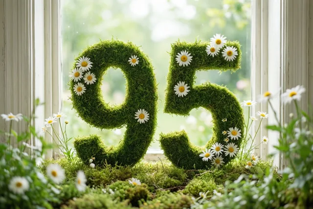 Het getal 95 van groen mos, versierd met witte madeliefjes, staat op een vensterbank met een onscherp tuinzicht erachter in groene, witte en gele tinten.