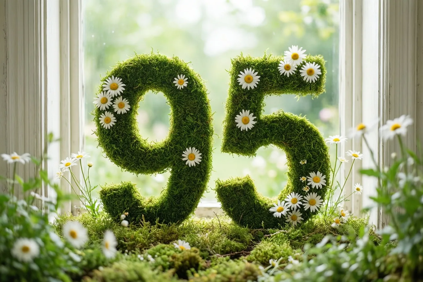 Het getal 95 van groen mos, versierd met witte madeliefjes, staat op een vensterbank met een onscherp tuinzicht erachter in groene, witte en gele tinten.