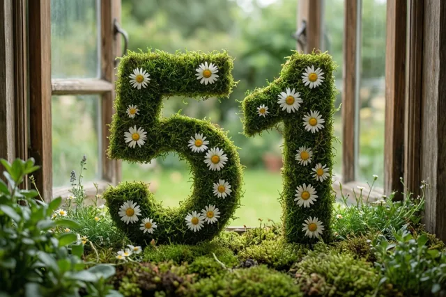 Het getal 51 van groen mos met witte madeliefjes staat op een bemoste vensterbank in een landelijke tuin, met daglicht en onscherp groen op de achtergrond.