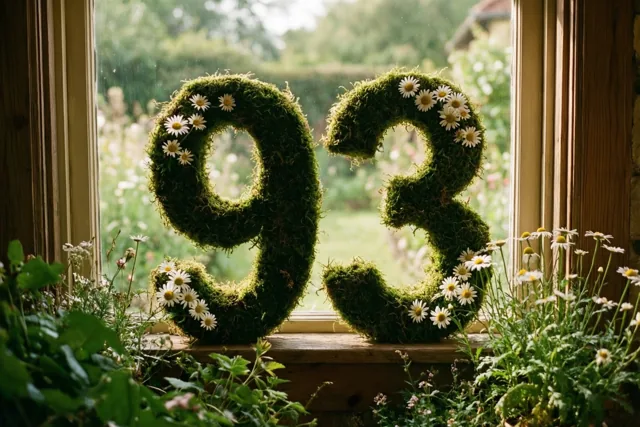Het getal 93 van groen mos met madeliefjes staat op een houten vensterbank, met een landelijke tuin en groen zichtbaar door het raam.