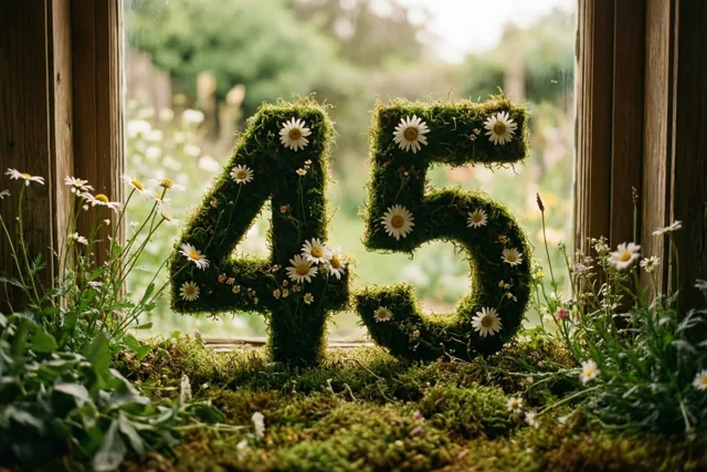 Het getal 45 van mos, versierd met madeliefjes, staat op een vensterbank met een onscherpe tuin op de achtergrond.