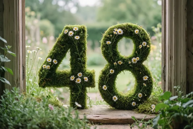 Een met mos bedekt frame vormt 48 en is versierd met madeliefjes op een houten vensterbank in een landelijke tuin, in zacht daglicht.