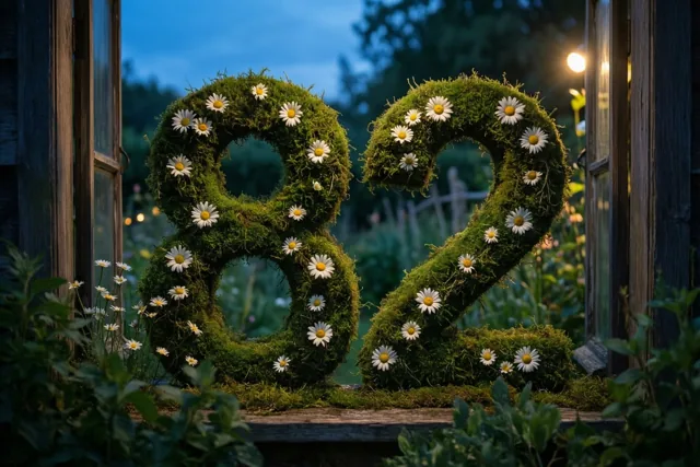 Een met mos bedekt frame in de vorm van 82 met madeliefjes staat op een houten vensterbank in een landelijke tuin bij schemering, in blauwe, groene en witte tinten.