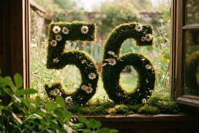 Het getal 56 van mos met madeliefjes staat op een houten vensterbank met zicht op een landelijke tuin in warm zonlicht.