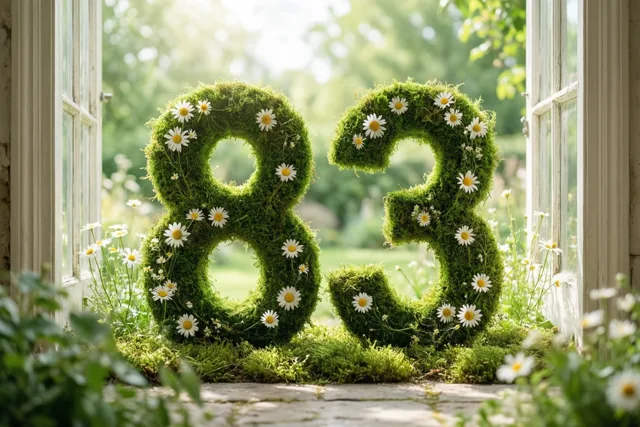 Het getal 83 van weelderig groen mos met witte madeliefjes staat op een stenen vensterbank in een landelijke tuin, met zonlicht tussen de bomen.