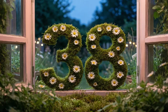 Het getal 38 van groen mos met witte madeliefjes staat op een vensterbank in een landelijke tuin bij schemering, met onscherp groen en lichtslingers op de achtergrond.