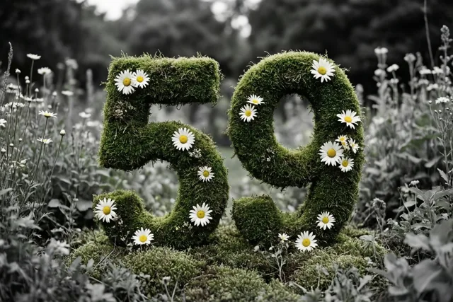 Een mossige groene haag in de vorm van 59 is versierd met witte madeliefjes tegen een monochrome tuinachtergrond met wazig gebladerte.