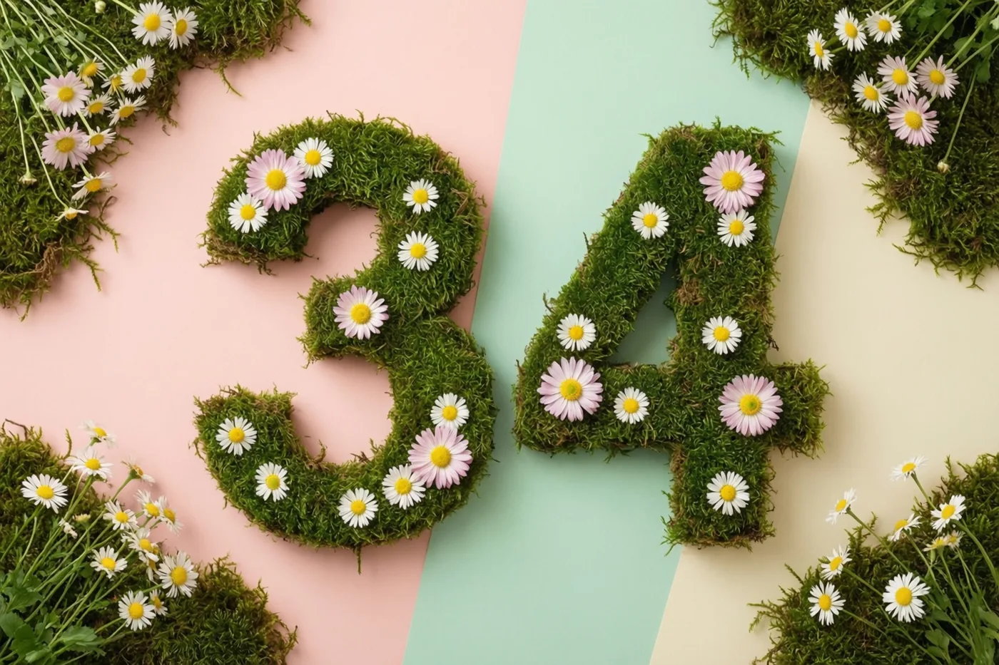 Het getal 34 is gevormd uit groen mos en versierd met madeliefjes tegen een pastelroze, mintgroene en beige achtergrond.