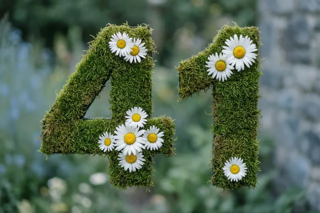 Een met mos bedekt frame vormt 41 en is versierd met madeliefjes tegen een onscherpe tuinachtergrond in groen, wit en geel.