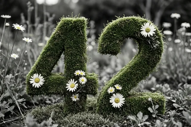 Het getal 42 van een mossige haag met witte madeliefjes staat in een landelijke tuin, waarbij het groen afsteekt tegen een onscherpe zwart-witachtergrond.