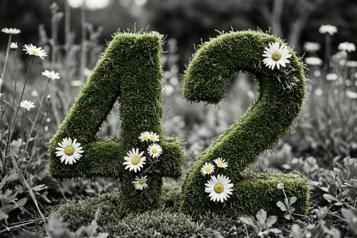 Het getal 42 van een mossige haag met witte madeliefjes staat in een landelijke tuin, waarbij het groen afsteekt tegen een onscherpe zwart-witachtergrond.