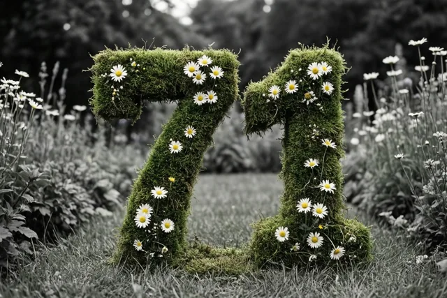 Een met mos bedekte haag vormt 71, met groen mos en witte madeliefjes in kleur tegen een zwart-witte tuinachtergrond.