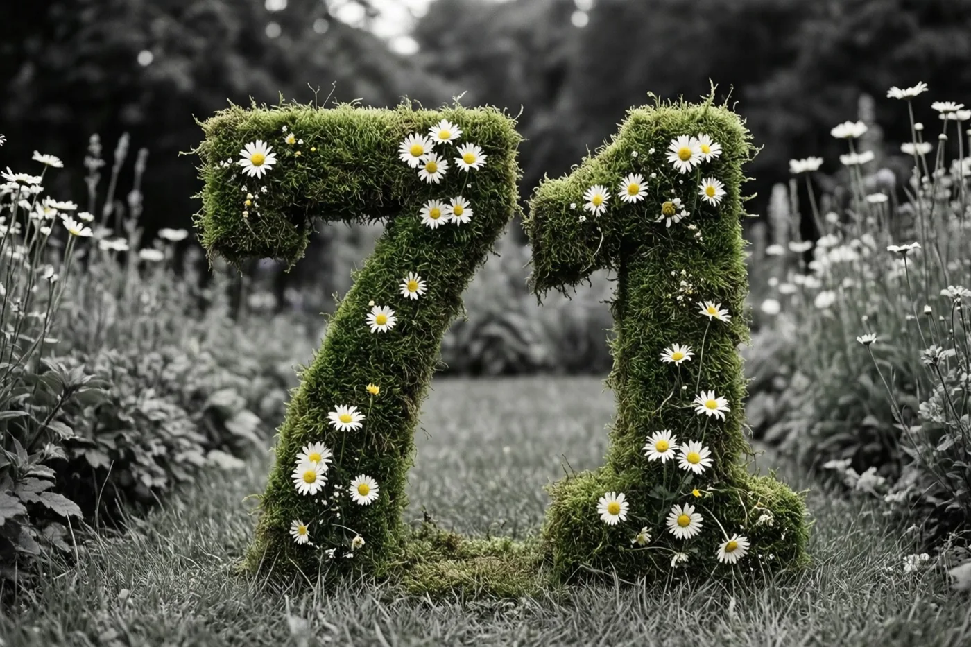 Een met mos bedekte haag vormt 71, met groen mos en witte madeliefjes in kleur tegen een zwart-witte tuinachtergrond.