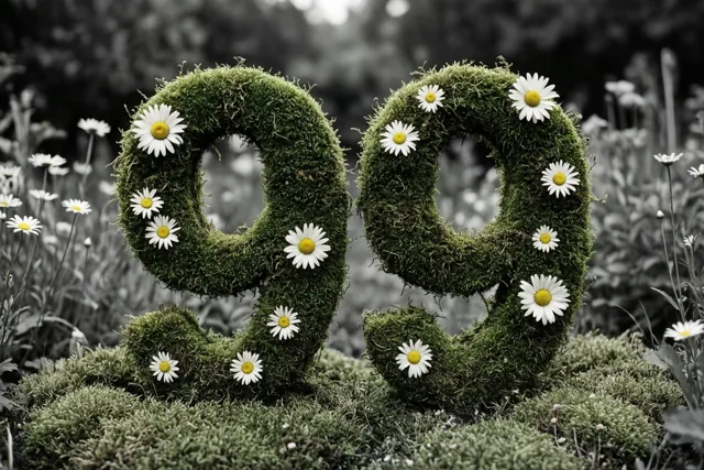Het getal 99 is gevormd uit een met mos bedekte haag met madeliefjes, waarbij het groen en wit in kleur afsteken tegen een zwart-witte landelijke tuin.