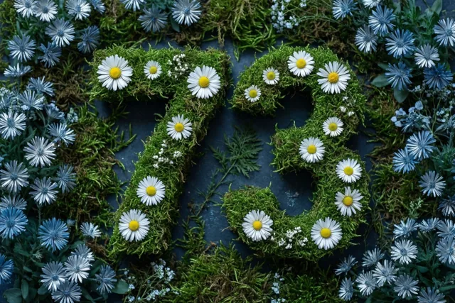 Het getal 73 van groen mos met witte madeliefjes staat tegen een donkerblauwe achtergrond, omringd door blauwe en witte bloemen.