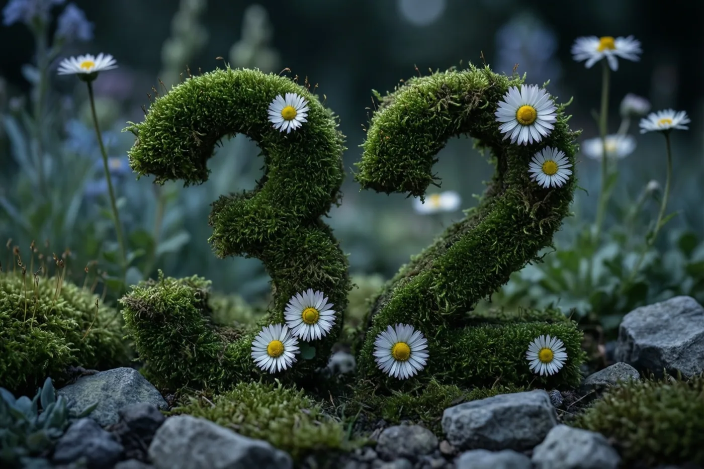 Het getal 32 is gevormd uit een groen mosframe met witte madeliefjes in een landelijke tuin met stenen en onscherp gebladerte.