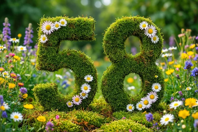 Een raamwerk van groen mos vormt 58, versierd met madeliefjes in een landelijke tuin vol kleurrijke wilde bloemen.