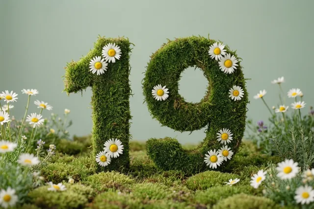 Een getal 19 van groen mos met witte madeliefjes staat in een landelijke tuin op een mossige bodem met verspreide madeliefjes.