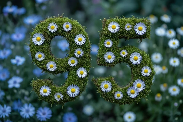 Een met mos bekleed frame vormt 95 en is versierd met witte madeliefjes tegen een onscherpe achtergrond van blauwe en witte tuinbloemen.