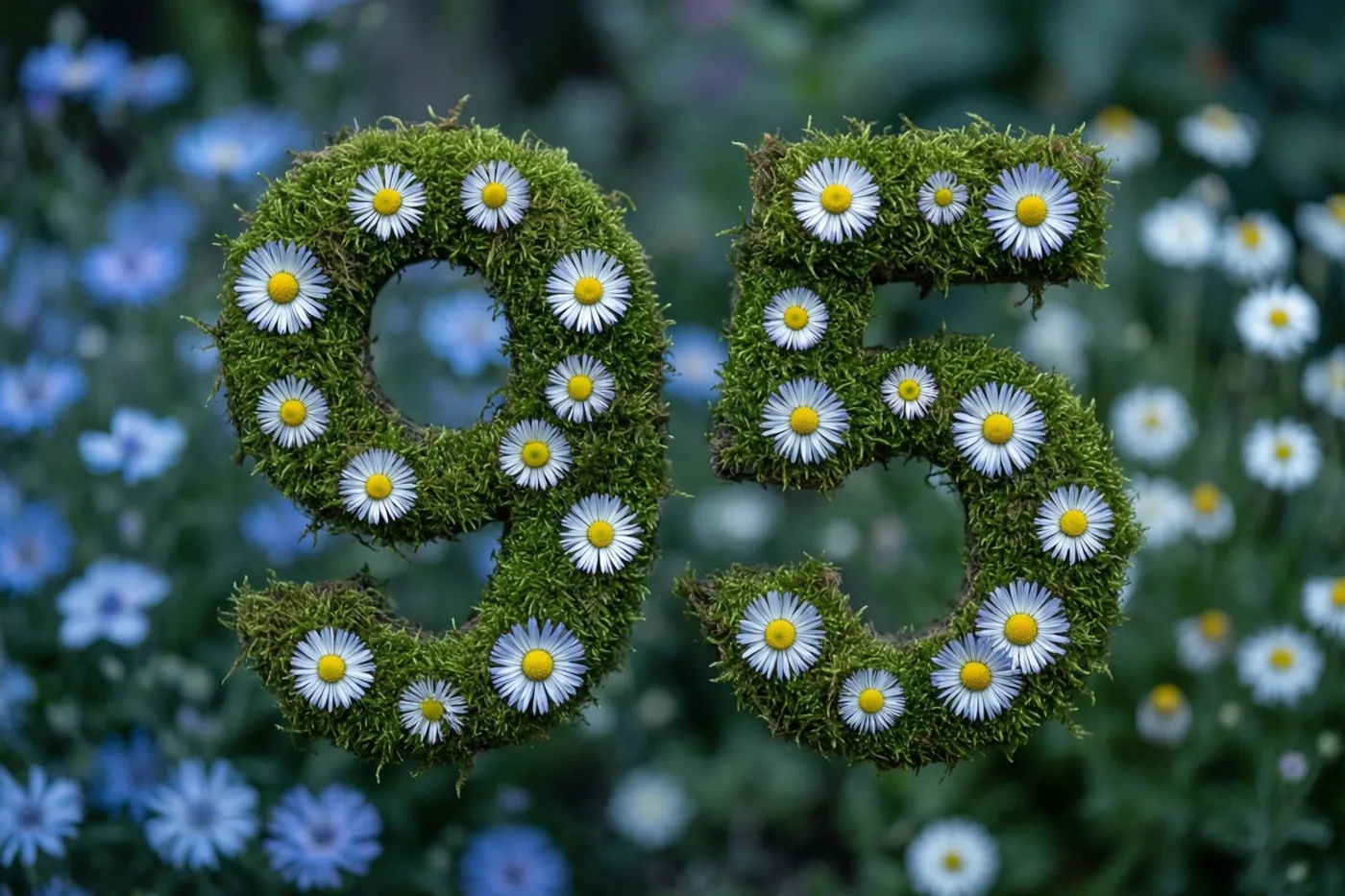 Een met mos bekleed frame vormt 95 en is versierd met witte madeliefjes tegen een onscherpe achtergrond van blauwe en witte tuinbloemen.