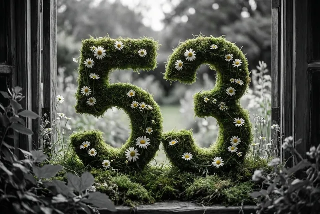 Een vorm van groen mos met witte madeliefjes stelt 53 voor, met door een open raam een landelijke tuin in gedempte kleuren op de achtergrond.