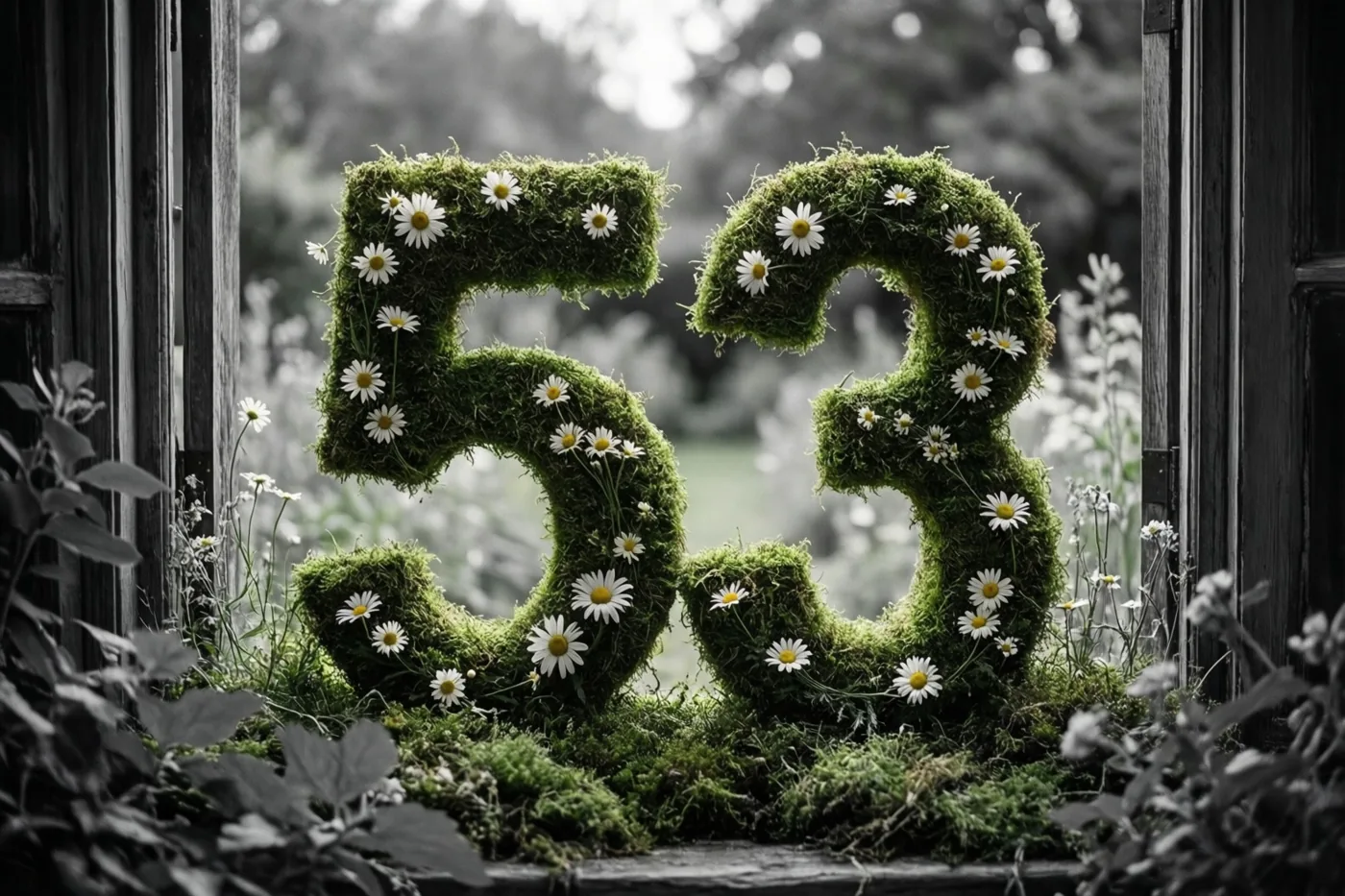Een vorm van groen mos met witte madeliefjes stelt 53 voor, met door een open raam een landelijke tuin in gedempte kleuren op de achtergrond.