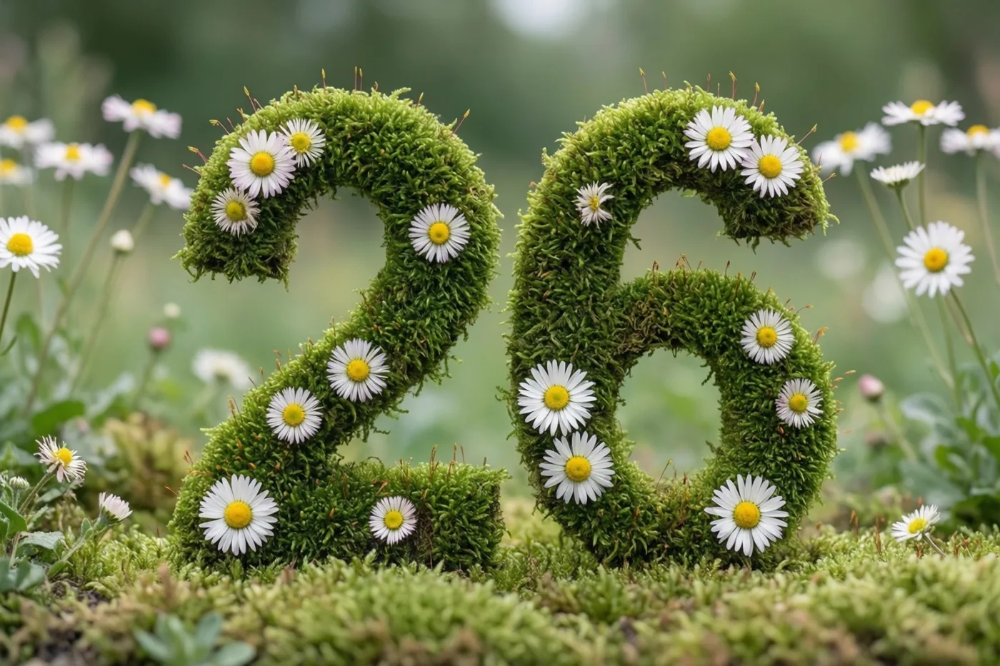 Een weelderig groen mosframe vormt 26 en is versierd met witte madeliefjes in een landelijke tuin met een zacht vervaagde achtergrond.