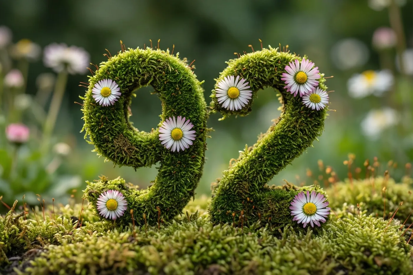 Een weelderig groen mosframe vormt 92 met kleine witte en roze madeliefjes in een landelijke tuin tegen een onscherpe natuurlijke achtergrond.