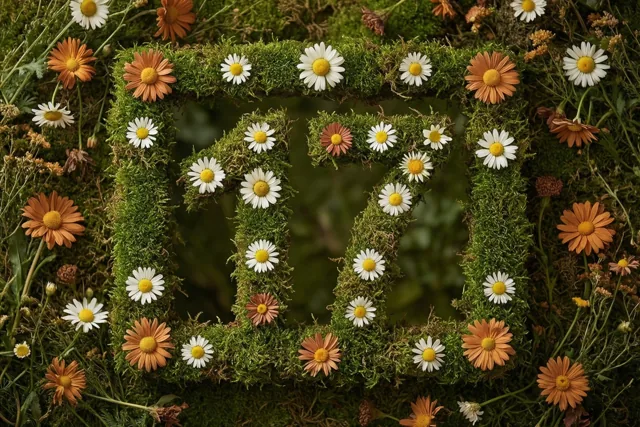 Het getal 17 is uitgesneden uit een groen mosframe en versierd met witte en oranje madeliefjes in een landelijke tuin.