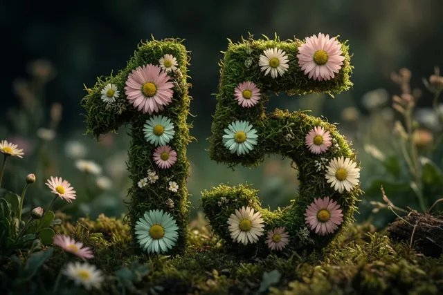 Een met mos bekleed frame vormt 15 en is versierd met roze en witte madeliefjes in een landelijke tuin met onscherp groen op de achtergrond.