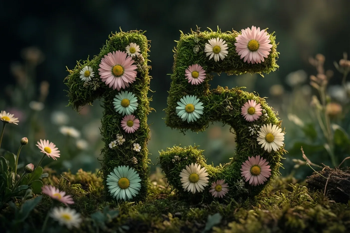 Een met mos bekleed frame vormt 15 en is versierd met roze en witte madeliefjes in een landelijke tuin met onscherp groen op de achtergrond.
