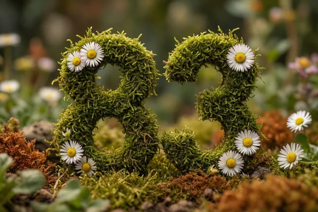 Een weelderig mosframe vormt het getal 83 met witte madeliefjes in een landelijke tuin met groene, witte en aardebruine tinten.