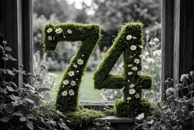 Een getal 74 van groen mos met madeliefjes staat op een vensterbank in een landelijke tuinomgeving, waarbij groen en wit afsteken tegen een zwart-witte achtergrond.