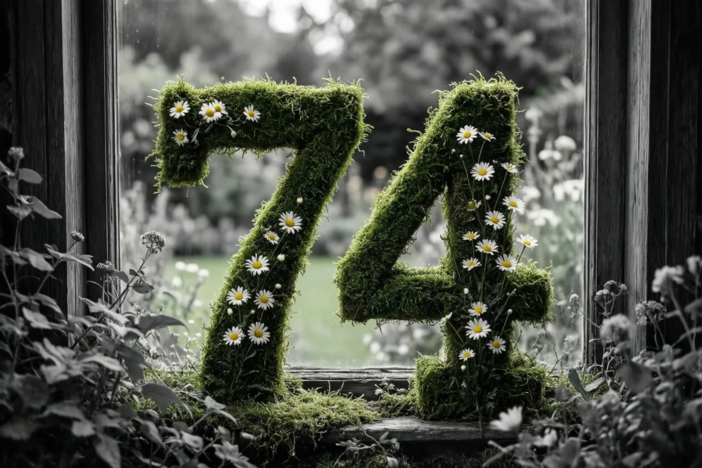 Een getal 74 van groen mos met madeliefjes staat op een vensterbank in een landelijke tuinomgeving, waarbij groen en wit afsteken tegen een zwart-witte achtergrond.