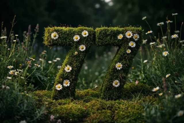 Een mosgroene haag vormt 77 en is versierd met witte madeliefjes in een landelijke tuin met onscherp groen op de achtergrond.