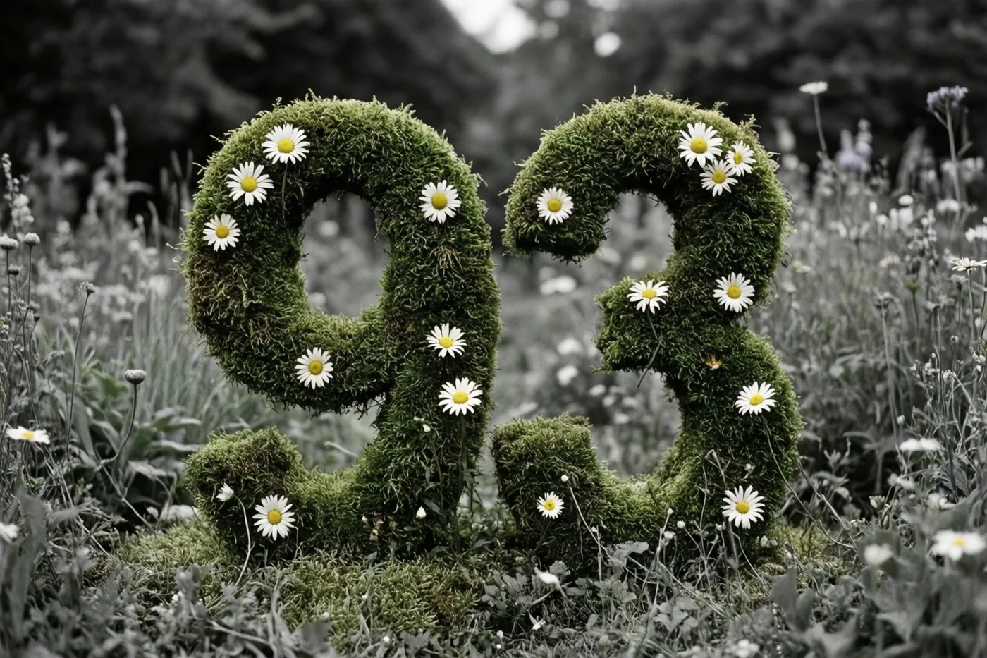 Het getal 93 is gevormd uit een groene moshaag met witte madeliefjes, die afsteken tegen een grotendeels kleurloze landelijke tuin.