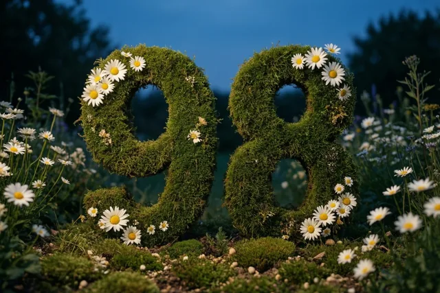 Een met mos begroeide haag vormt 98 en is versierd met madeliefjes in een landelijke tuin onder een schemerblauwe hemel.
