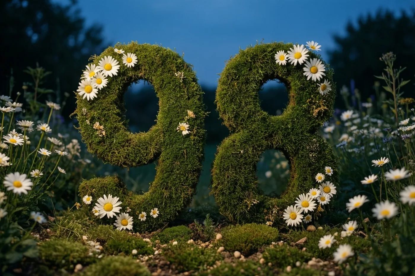 Een met mos begroeide haag vormt 98 en is versierd met madeliefjes in een landelijke tuin onder een schemerblauwe hemel.
