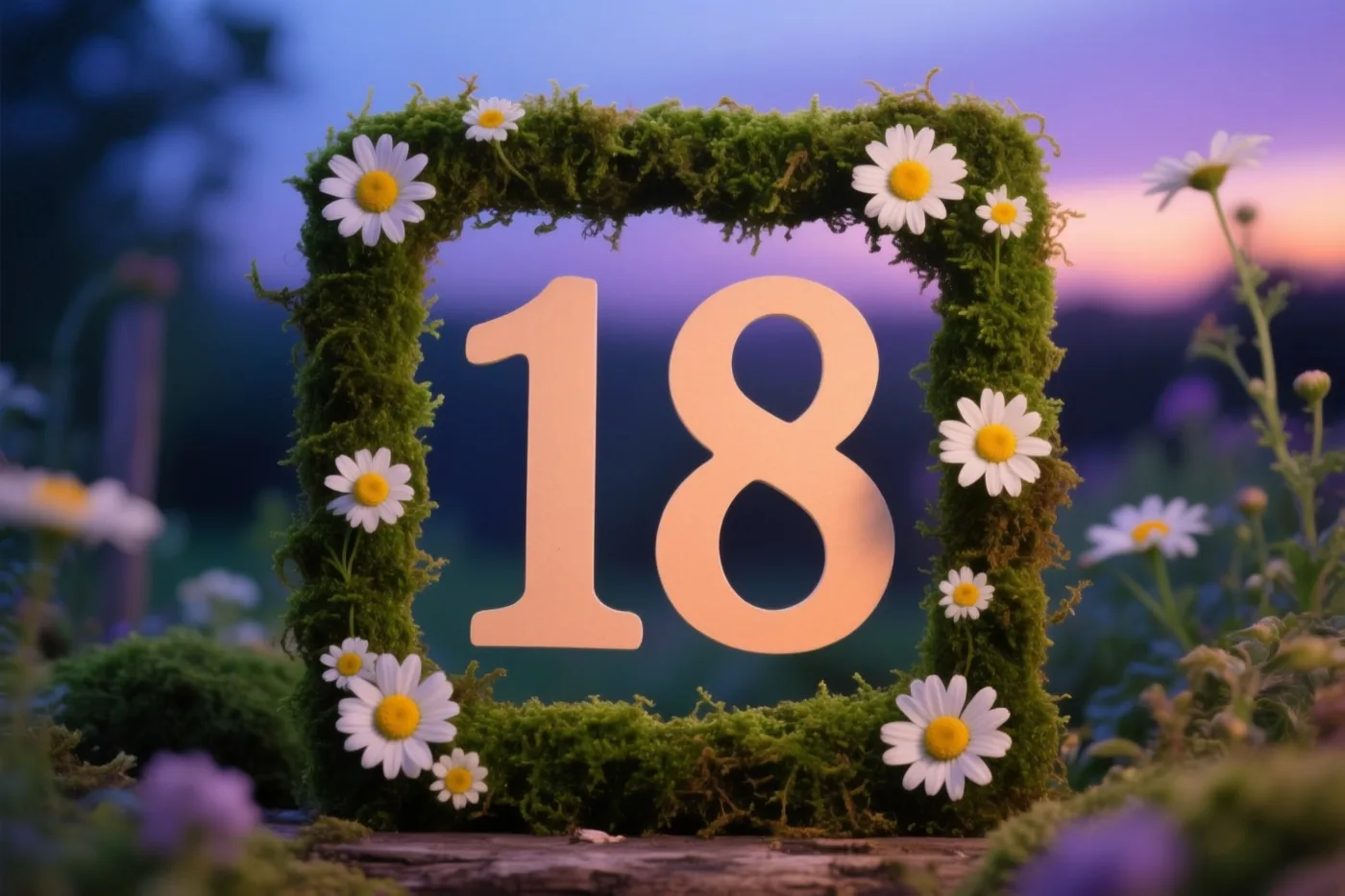 Een groen moskader met een uitgesneden 18 en madeliefjes staat in een landelijke tuin in de schemering, met groene, witte en paarse tinten.
